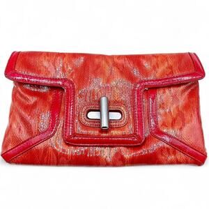 VTG Vintage Sondra Robert’s Red Orange Patent Leather Faux Snakeskin 2Way Clutch